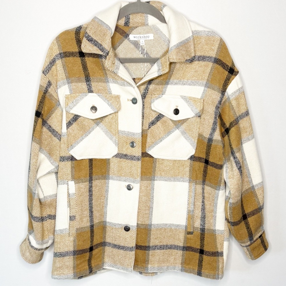 Workshop Republic Clothing Womens Tan Plaid Button Front Shacket Small NWT‎